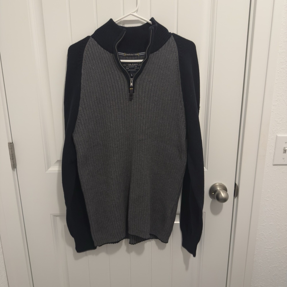Nautica Jeans‎ Co Mens Large Grey Navy Blue 1/4 Zip Ribbed Cotton Sweater
